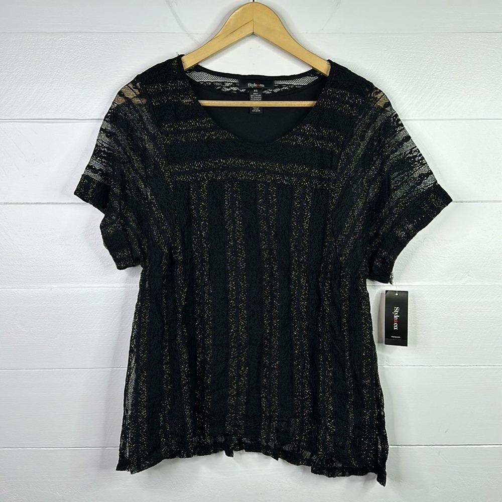 STYLE & CO. Black Metallic Lace Short Sleeve Blouse Nylon Top Shirt Size XS‎